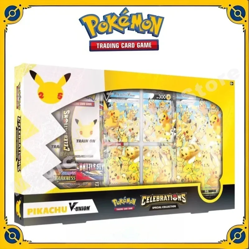 Oryginalna oryginalna karta Pokemon Trading PTCG wersja amerykańska 25. pudełko upominkowe na uroczystość Pikachu V Union prezent dla dziecka