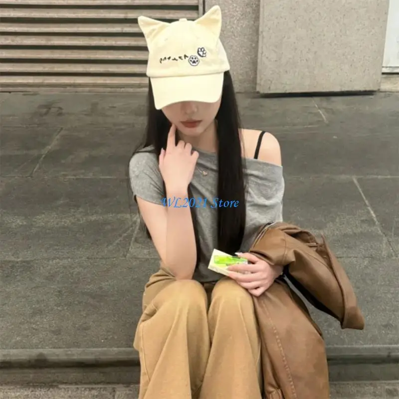 

G5GC Anime Theme Cats Ear Baseball Hat For Women Adjustable Strap Lovely Pattern Sun Hat for Teens Girl Casual Wear