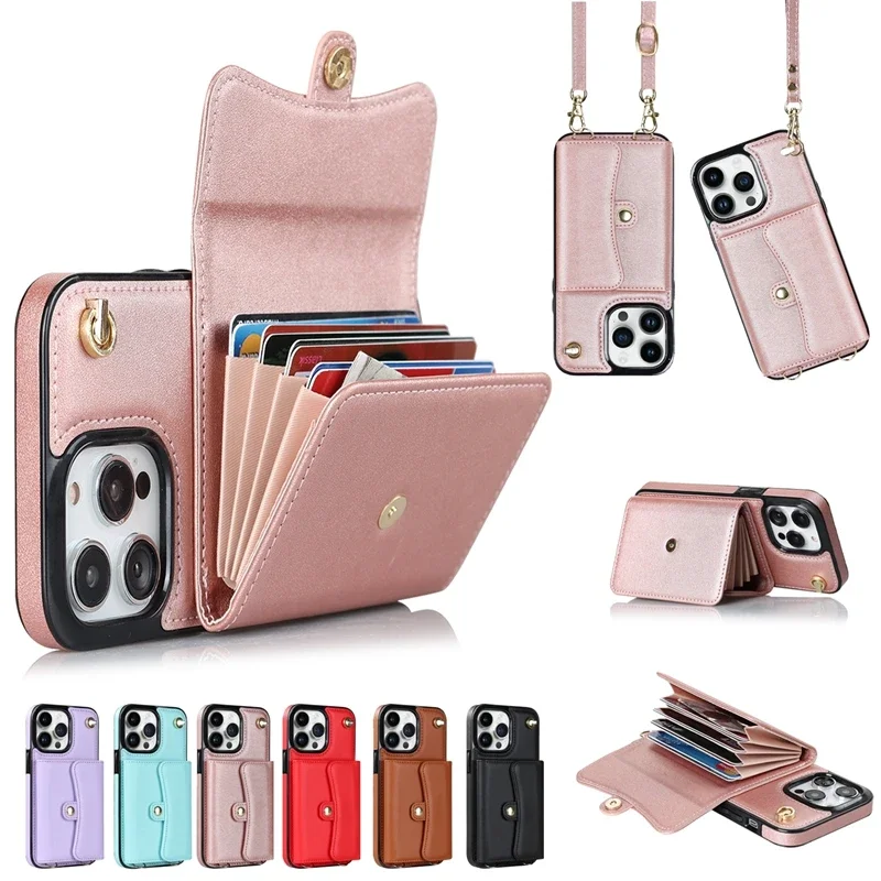 Wallet Case Diagonal Strap With Bracket Leather Cover For iPhone 15 Plus 14 Pro Max 13 Mini 12 11 SE 2020 2022 XS XR XS Max 8 7