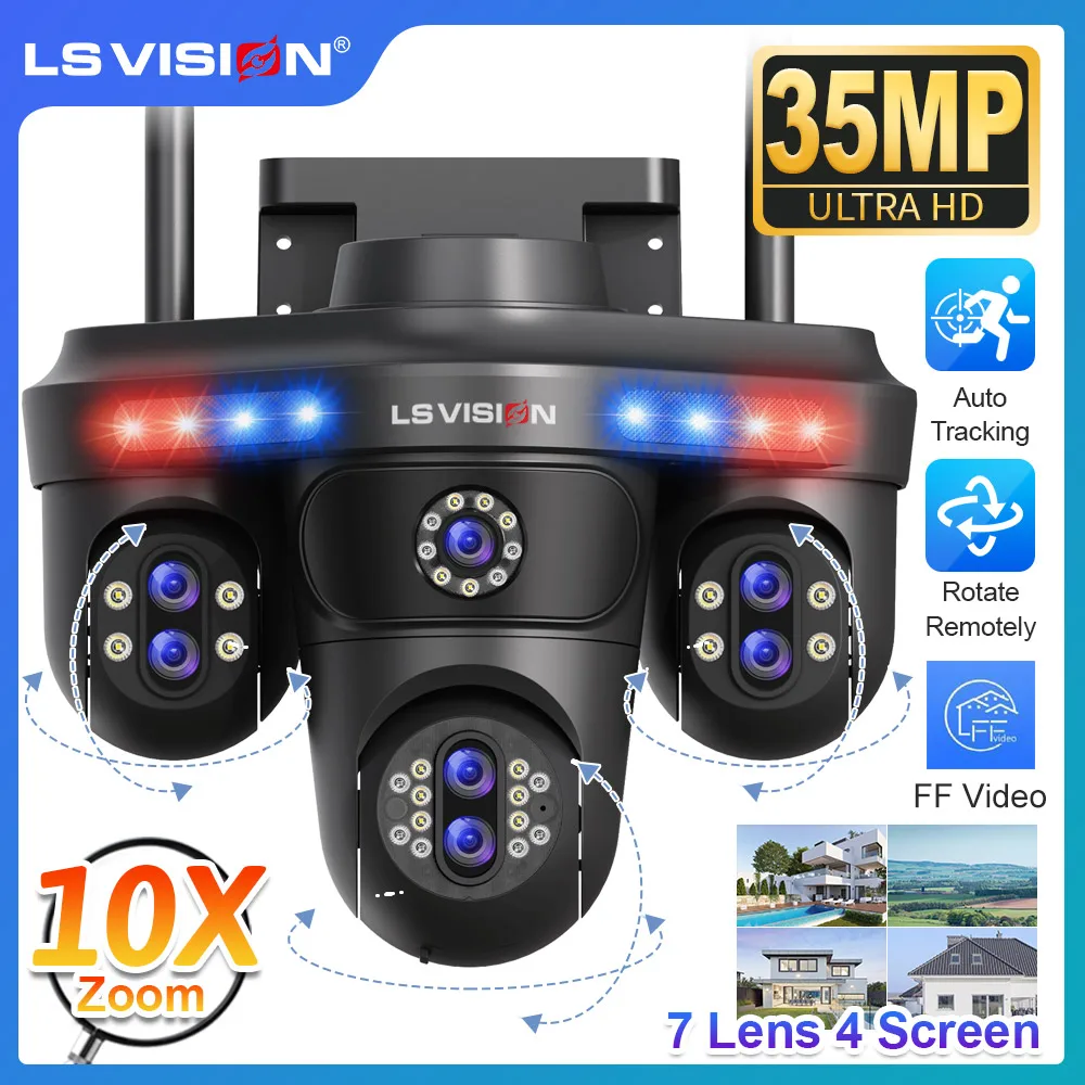 LS VISION 35MP Four Screens WiFi Security Camera Outdoor Seven Lens Three PTZ 10X Optical Zoom Cameras Auto Tracking CCTV Camera