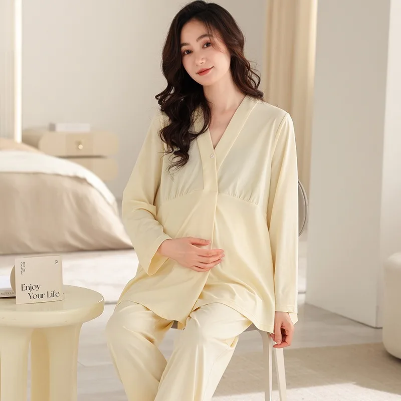 

Cotton Long Sleeve Maternity Pajamas Dressing Gown Solid Color Nightgown Bra Breastfeeding Maternity Nightwear Nursing Clothes