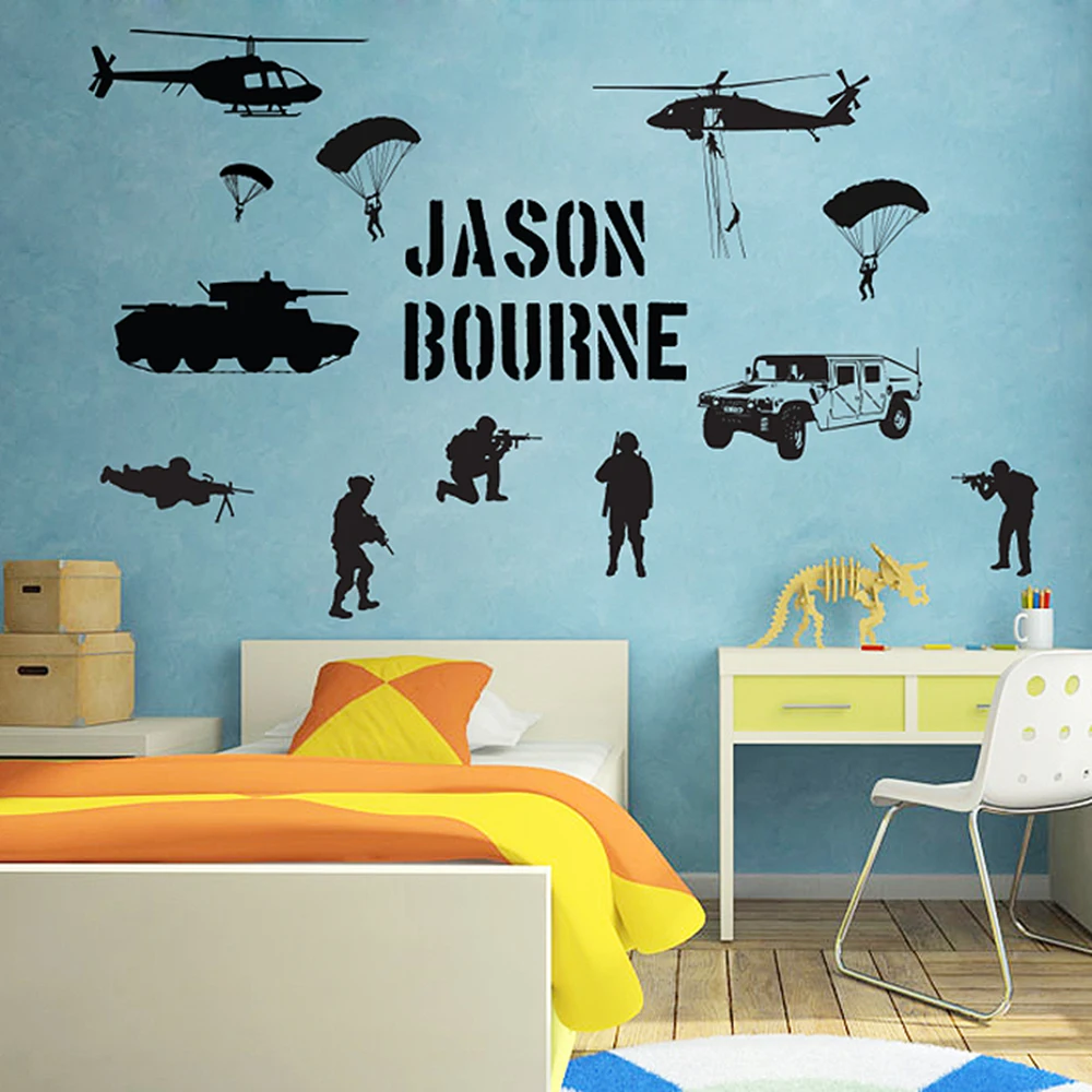 Custom Name Solider Army Battlefield Wall Sticker Decal Boy Room Tank Parachute Airplane Weapon Gun Playroom