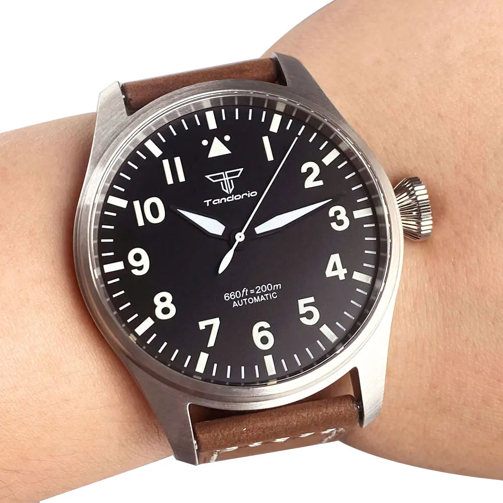 Luxus Tandorio 20ATM Diver Pilot 43mm NH35 PT5000 Automatikwerk Herrenuhr Saphir Lume Grün Schwarz Blaues Zifferblatt Glasrückseite 3