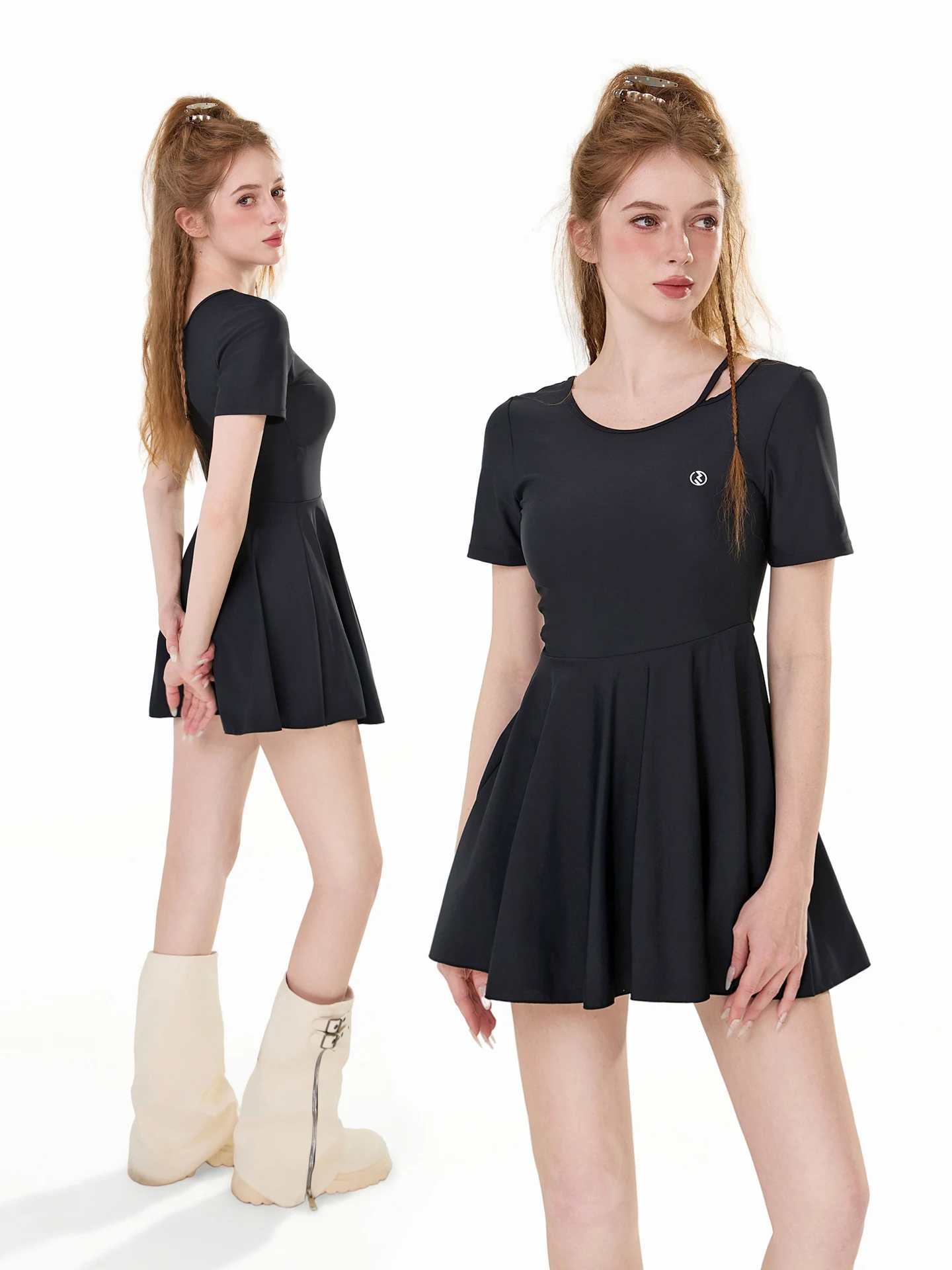 

Новинка 2026: Спортивный купальник-боди для женщин, черный, с коротким рукавом, утягивающий дизайн, подходит для горячих источников, с круглым вырезом, цельный.