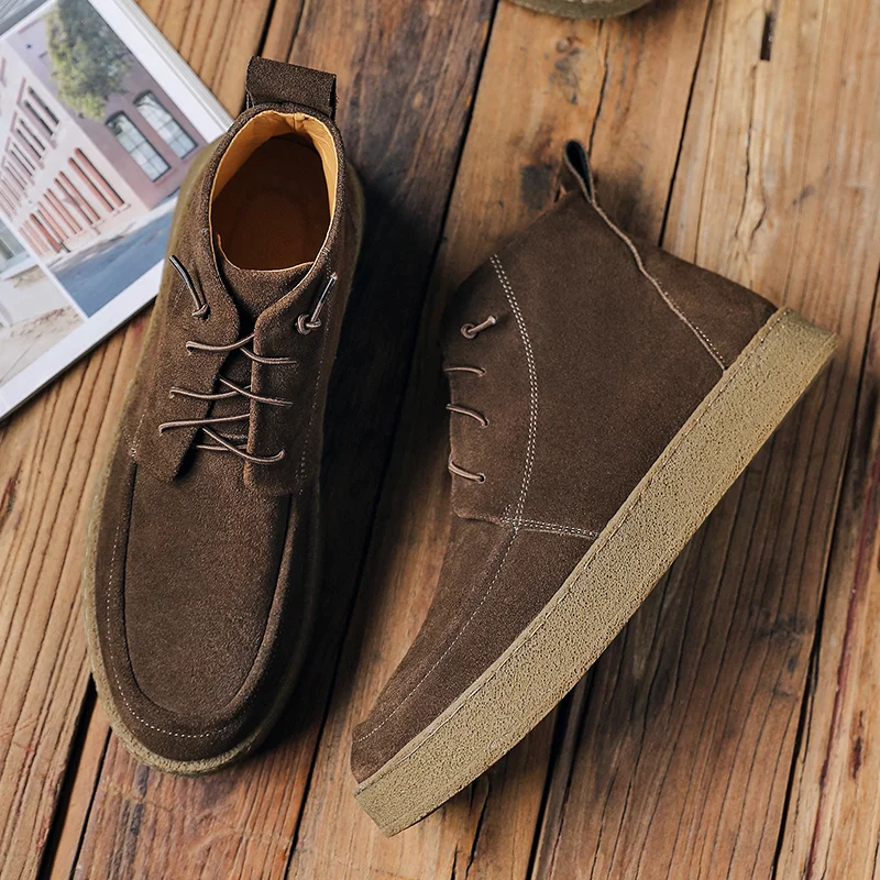 Handmade Cow Suede Vintage British Casual Men Leather Shoes Autumn Winter Ankle Boots Outdoor Work Flats Platform Desert Boots