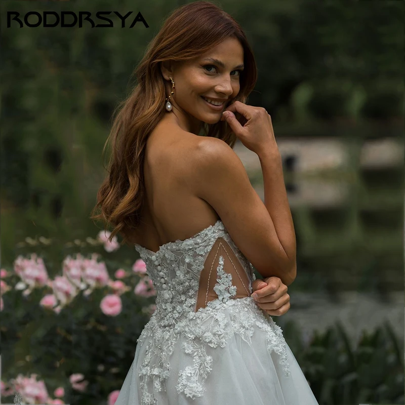 RODDRSYA-Vestido De novia De encaje sin tirantes, prenda elegante con estampado 3D romántico, línea A, ilusión De fiesta, botón, espalda descubierta-Vestido De novia De encaje sin tirantes, prenda elegante con estampad