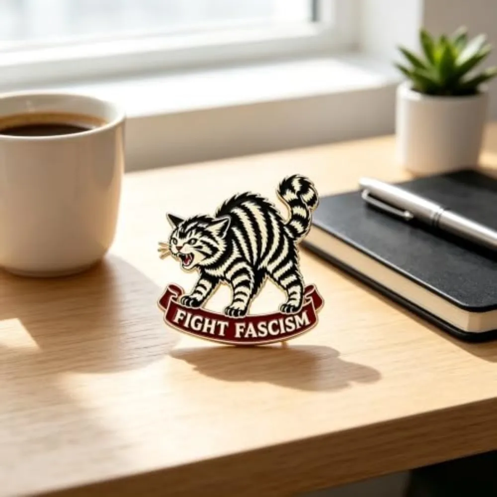 Enamel Fight Fascism Cat Pin Bold Statement Striped Cat Anti Fascist Brooch Tattoo Flash with Red Banner Enamel Brooch