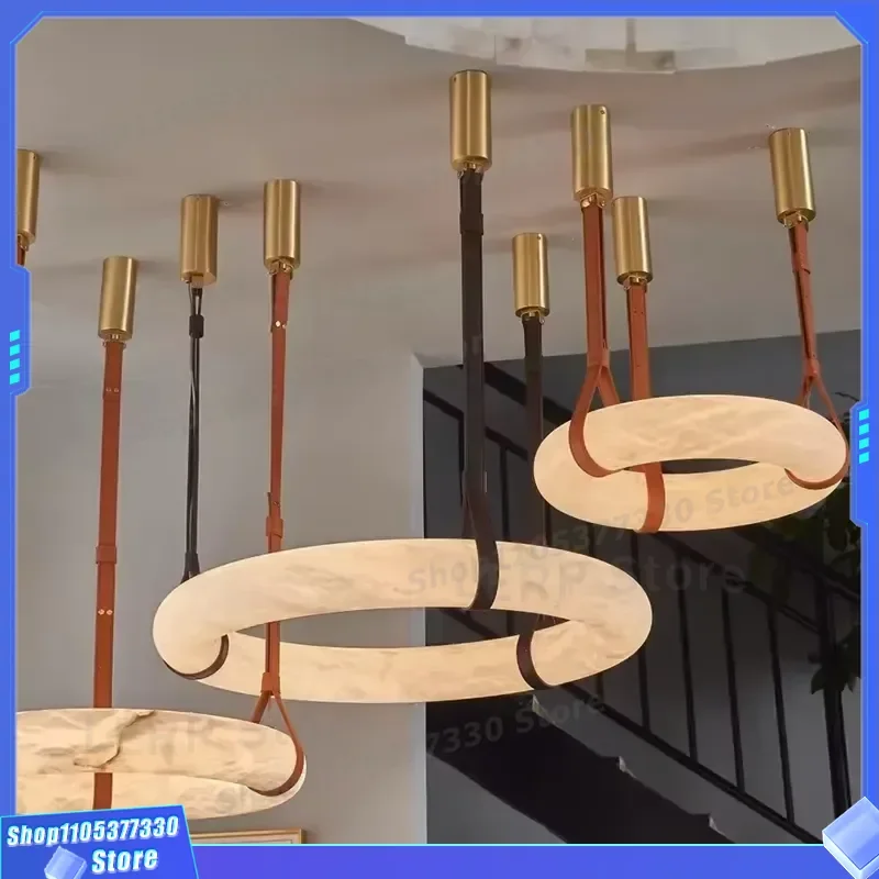 Modern Brass Chandelier with Alabaster Marble Ring LED Light Simple Design for Living Room Bedroom Customizable Pendant Lamp