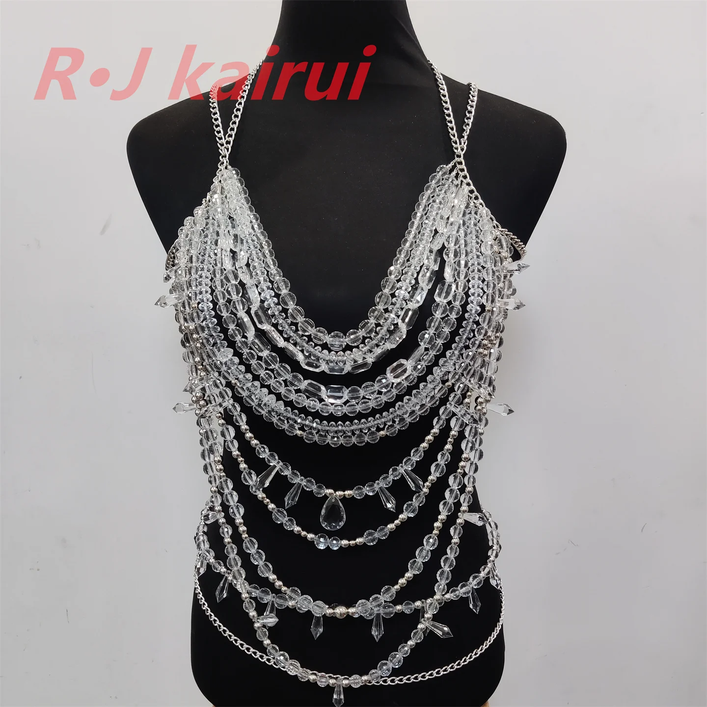 

RJ Fashion Handmade Jewelry Acrylic Clear White Beads Neck Bra Hollow Acrylic Top Sexy Girl Island Pool Vacation Body Chain