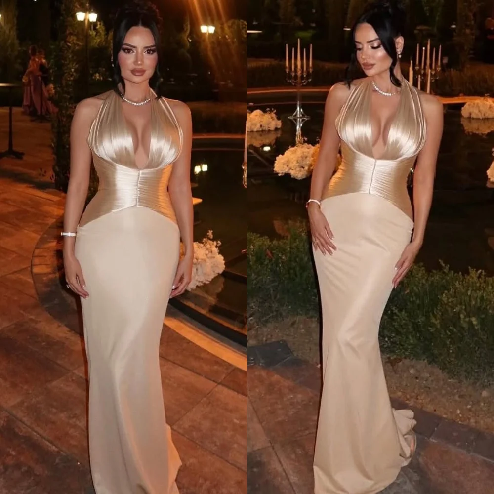 

Customized Elegant Champagne Satin Evening Dress Temperament Halter Sleeveless Evening Dress Mermaid Bespoke Occasion Gowns
