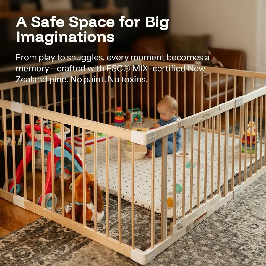 Kojec dla dziecka, drewniany kojec dla niemowląt i małych dzieci, duży plac zabaw, ogrodzenie dla dziecka, strefa zabaw, 142 x 142 x 61 cm