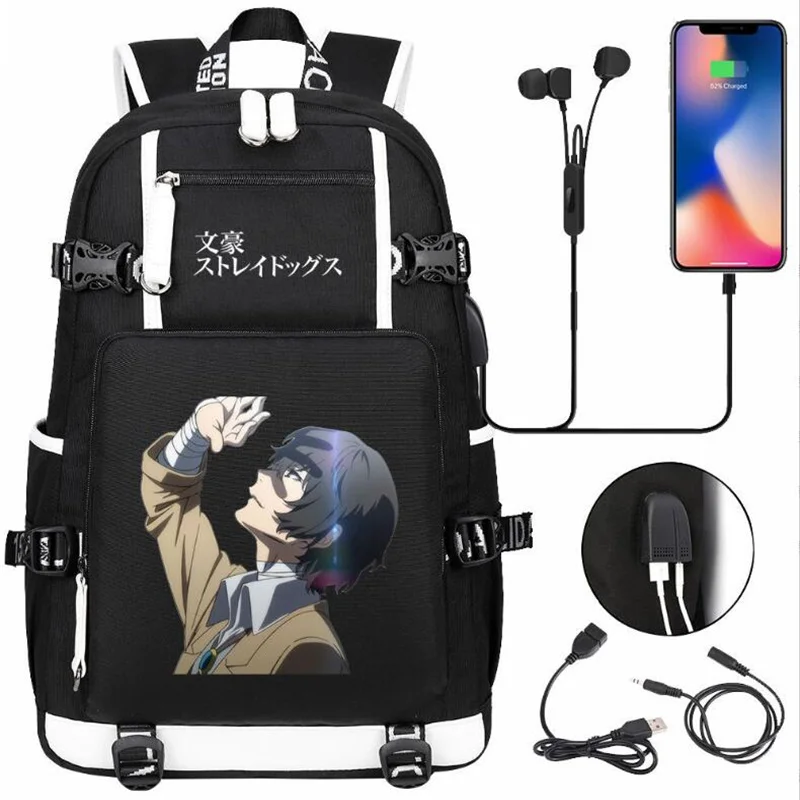 Anime Bungo Stray Dogs Print Backpack Teenarges Schoolbag Men Women Causal USB Charging Port Black Laptop Outdoor Bags Mochila