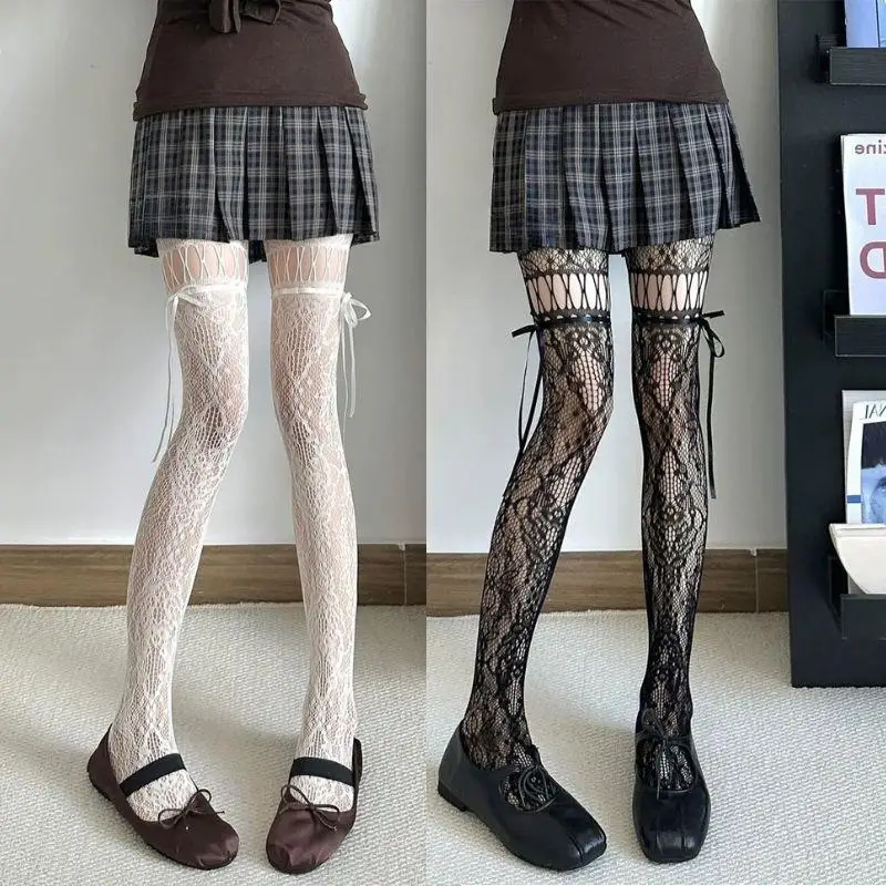 

New Gothic Hollowed Lace Tie Fishnet Suspender Socks For Women Sexy Slim Nylon Mesh Thigh High Stockings White Tights Pantyhose