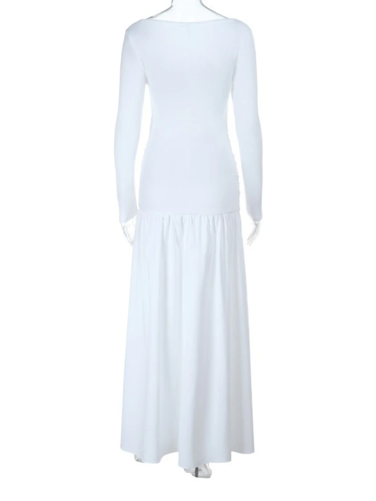 Foamlina 2025 Fall Fashion Solid Lange Mouw Jurk Vrouwen Elegante V-hals Cut-out Slanke Hoge Taille Plooien Holiday Party maxi Jurk