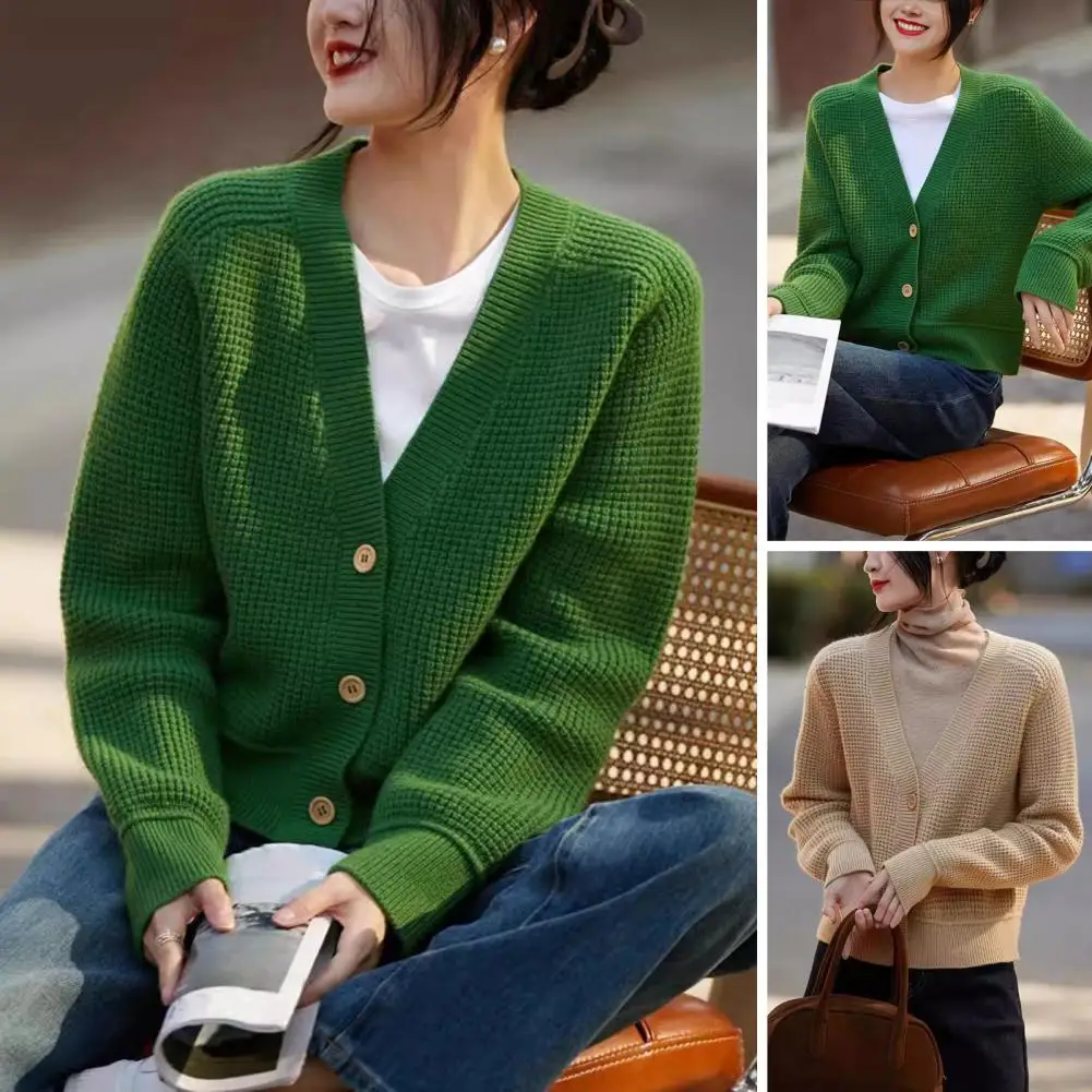 เสื้อสเวตเตอร์ถักคอวีสำหรับผู้หญิง, เสื้อโค้ทสเวตเตอร์ถักแขนยาวเสื้อ pakaian luar rajut สีพื้นเสื้อทรงหลวมเหมาะสำหรับการเดินทาง