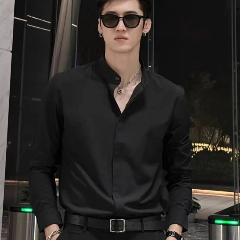

Light Chinese Style Stand Collar Shirt Trendy Brand Edgy Men's Long Sleeve Streetwear Casual Versatile Premium Top