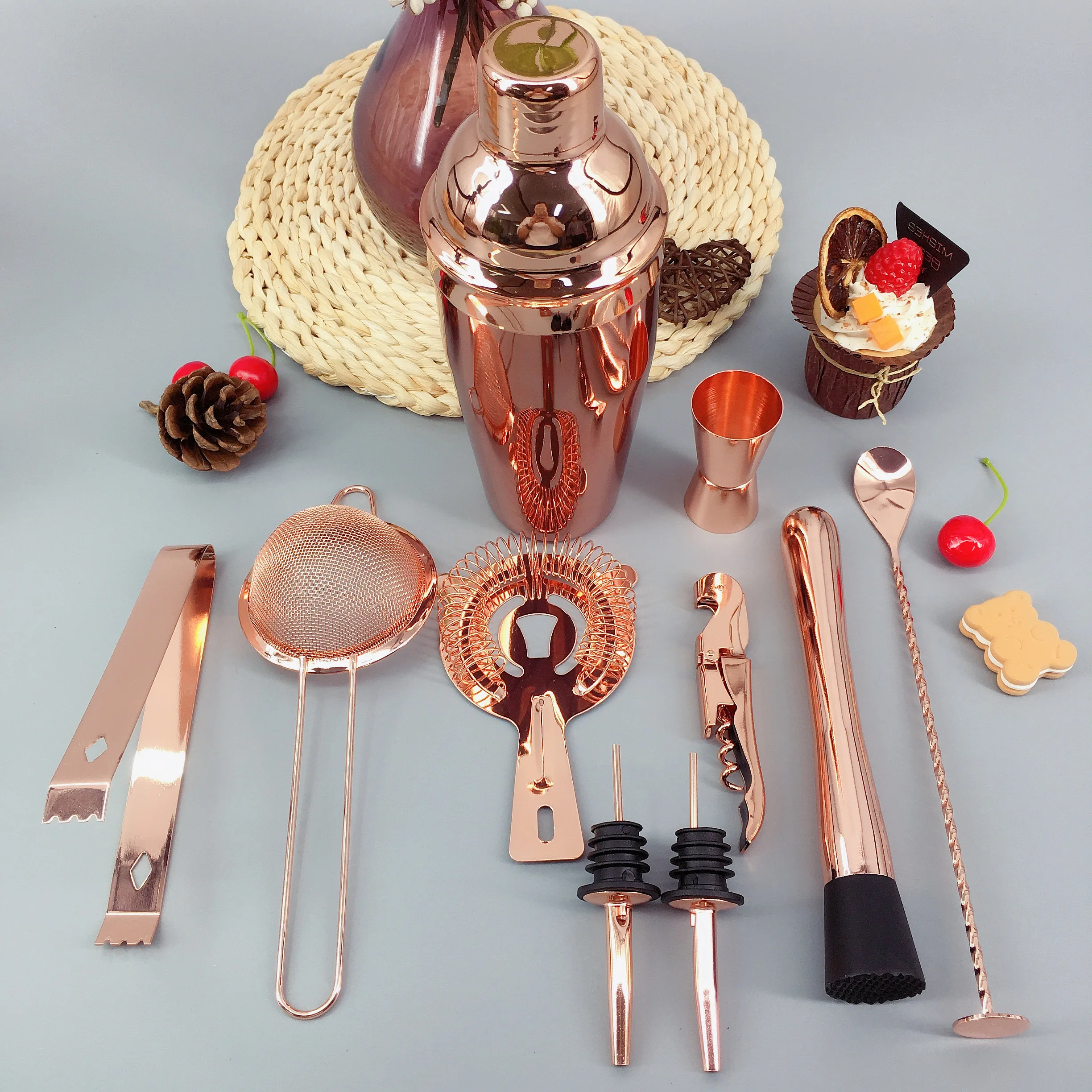 Cocktailshaker 11pcs 750ML Hight Quality Stainless Steel Rose Gold Color Bar Bartender Drink Mixer Cobbler Cocktail Shaker Set