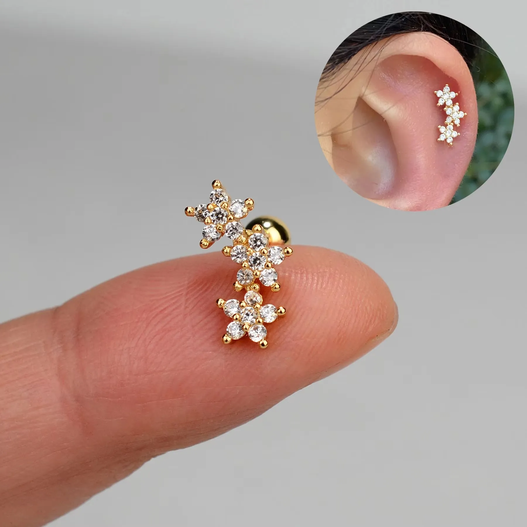Curved CZ Cartilage Stud Moon Leaf Earring, Stainless Steel
