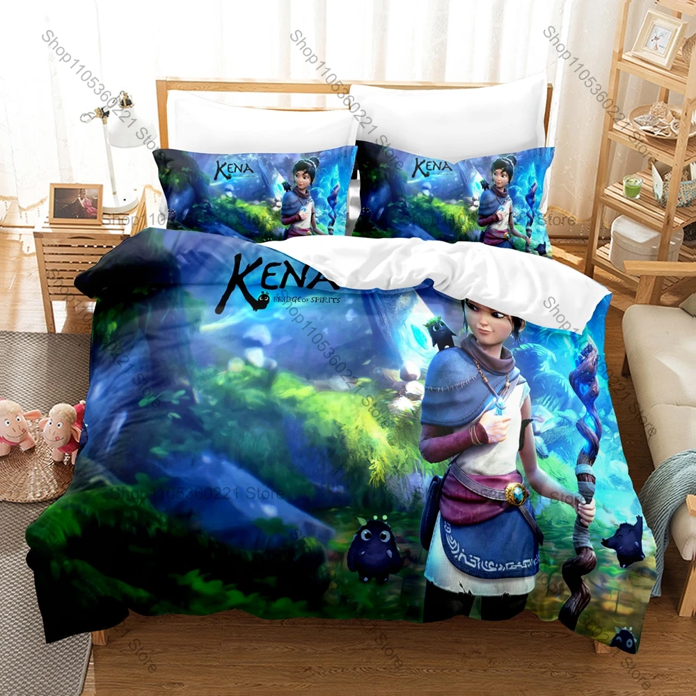 Cool Whimsical Kena & Rot Graphic Kena Bridge Of Spirits Pixar Style Adventure Game Bedding Set Duvet Cover With 2 Pillowcases T