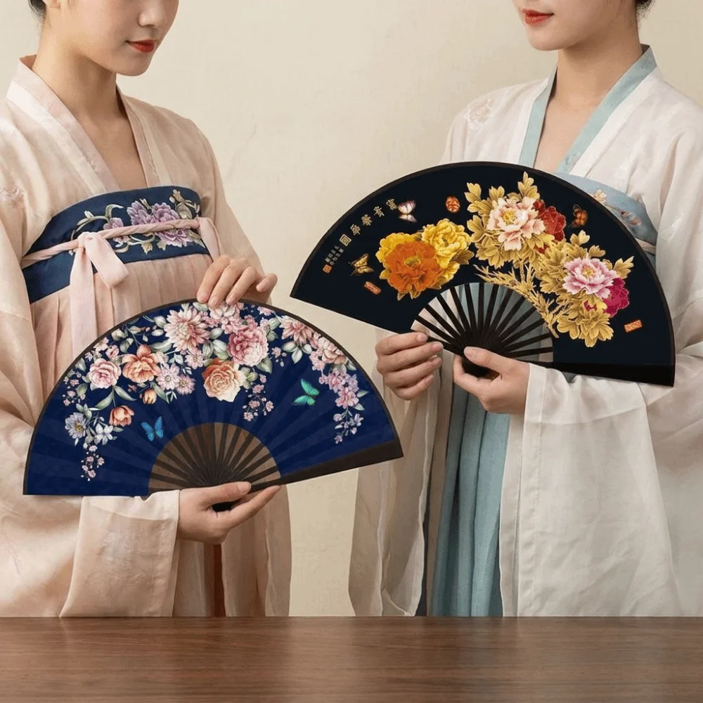 Portable Chinese Style Folding Handheld Fan Silk Cloth Flower Pattern Dance Fan Handmade Exquisite Hand Fans Home Decoration