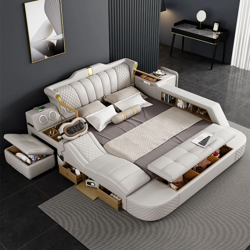 

Light luxury leather bed multi-functional massage tatami storage leather art bed bedroom large apartment