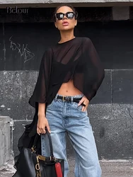 Bclout Summer Solid Loose Shirts Blouses Women Chic Fashion White Transparent Long Tops Vacation O-Neck Black Party Shirts 2024