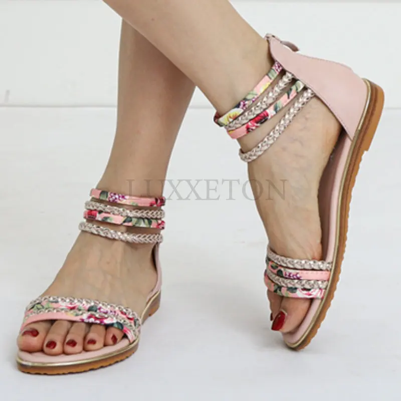 

Summer Women Flats Shoes Bohemian Roman Style Flat Back Zipper Splicing Printing Skirt Female Sandals Holiday Beach Sandalias