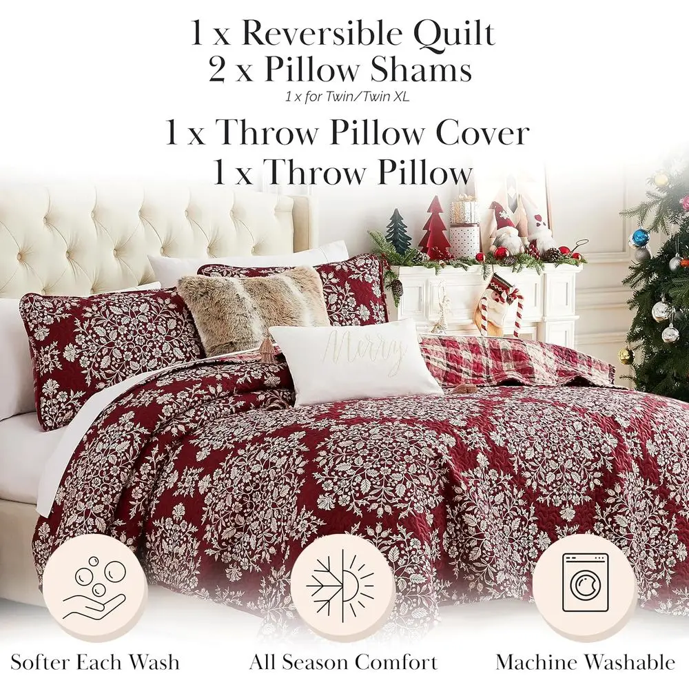 Chrisas Quilt, King Size/Cal King with 5 Pillow Shams & 1 Throw Pillow, Reversible Coverlet, King Size Plaid day Bedding Set - C