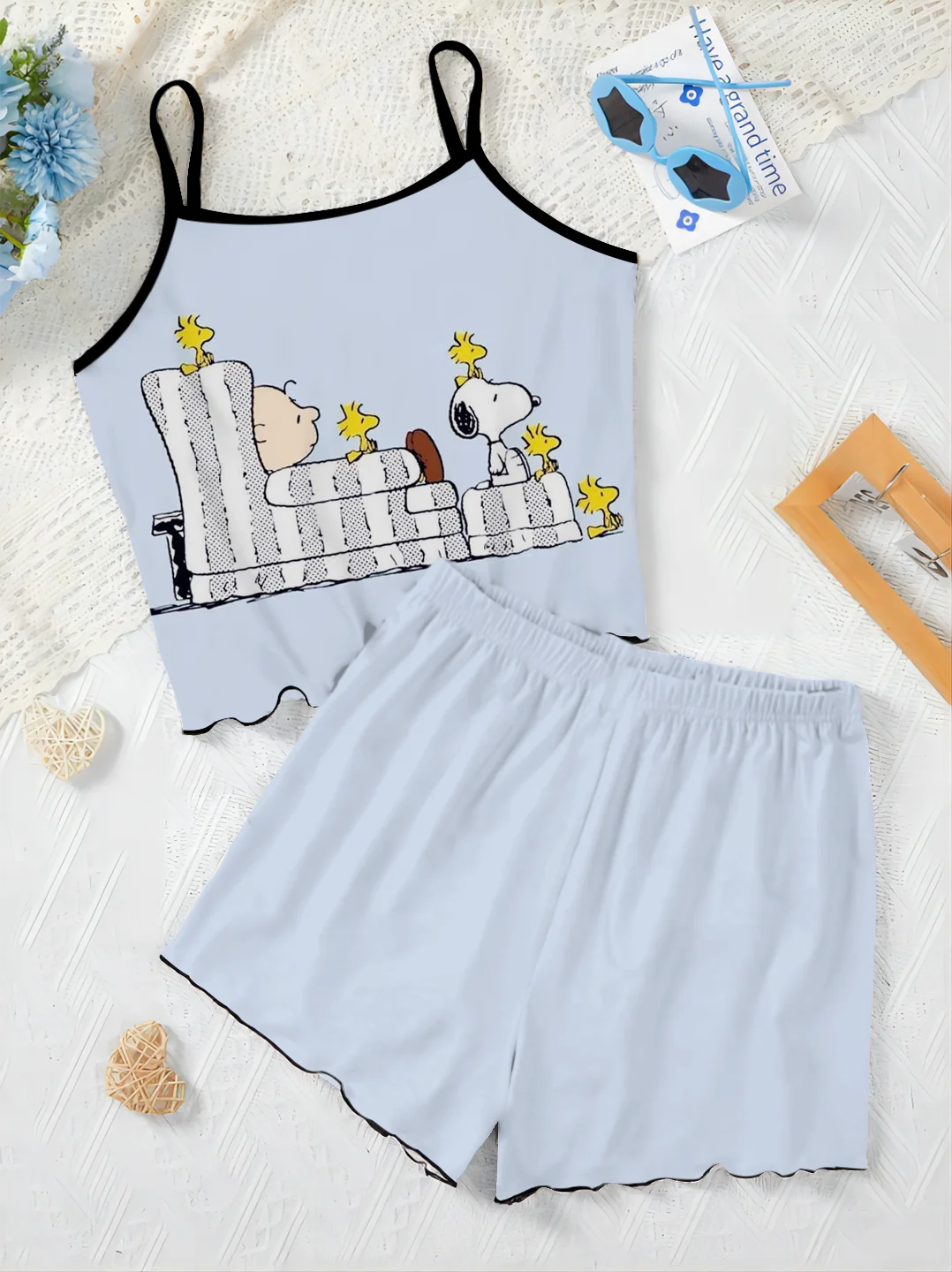 Top Set Frau 2 Stück schicke und elegante Hosen Sets Salat Trim Slip Kleid T-Shirt Pyjama Rock Damen anzug snoopy kurzen Luxus