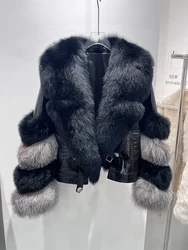 2024 New Winter Warm Natural Fox Fur Coat Women's Real Genuine Sheepskin Leather Jacket Motorcycle Luxury Female Coats