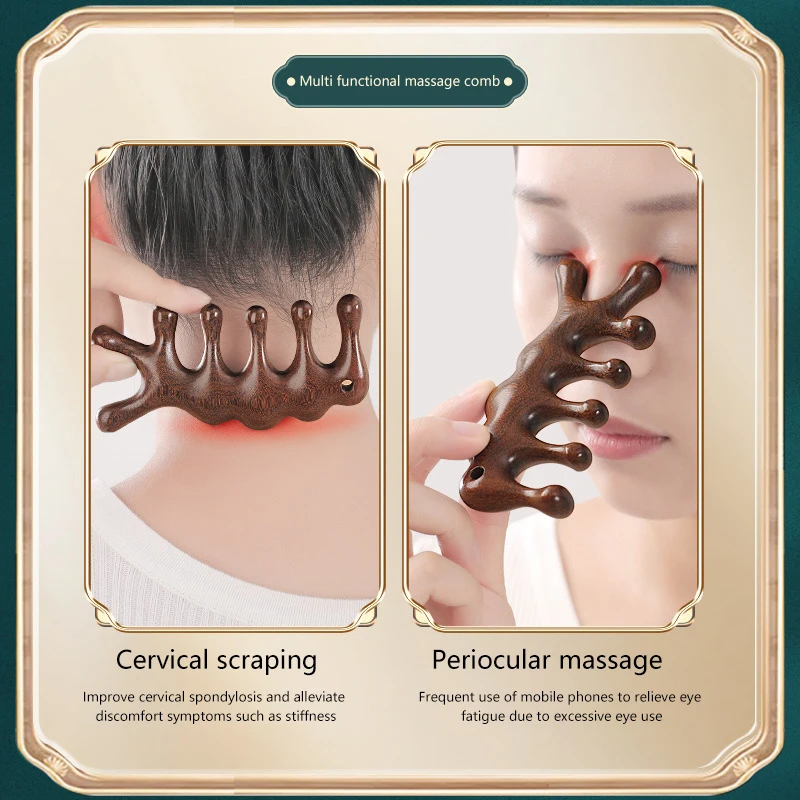 Five Teeth Sandalwood Massage Comb Head Face Nose Eye Shoulder Neck Scraping Comb Anti-static Anti-Hair Loss Meridian Massage