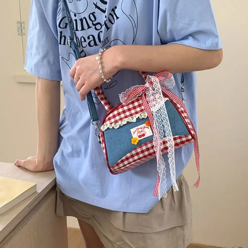 

Portable Lovely Lattice Bowling Bag Leisure Rural Style Denim Plaid Handbag Bow Commuting Sweet Crossbody Bag Women