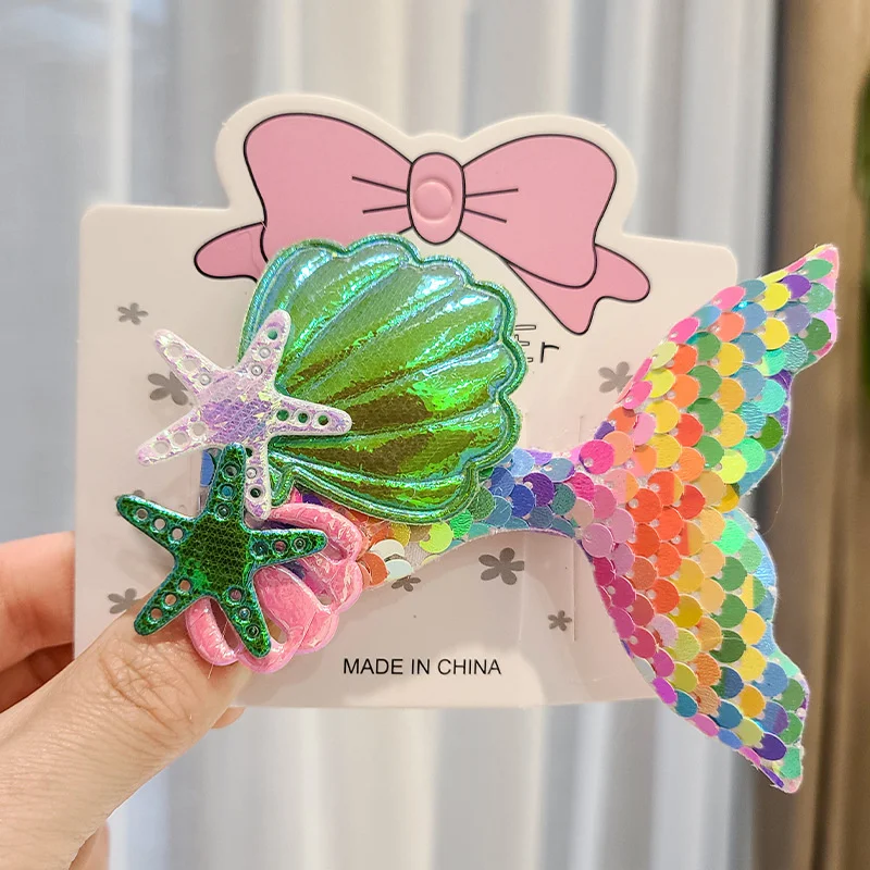 1PC New Sequin Fishtail Shell Starfish Cute Princess Baby Girls Hairpins Hair Clips Kids Headwear Children Hair Accessories