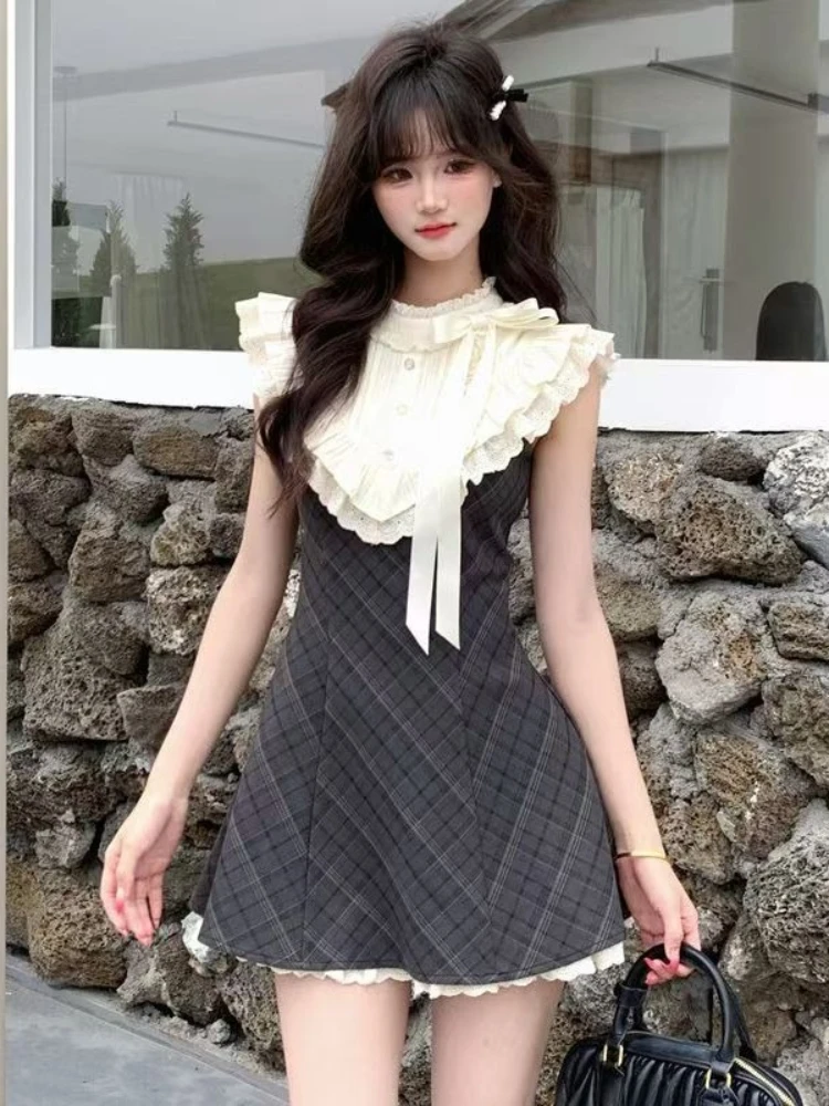 프랑스 빈티지 슬림 레이스 격자 무늬 드레스 여성 우아한 패션 달콤한 보우 민소매 드레스 여름 하라주쿠 세련된 스키니 새 의상