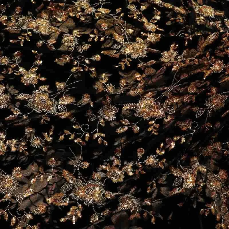 Silver three-dimensional beaded tubes embroidered gold lines woven sequins wedding dress women's fabric