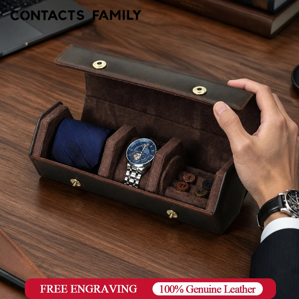 

CONTACT'S FAMILY Vintage Genuine Leather Watch Travel Case Tie Cufflinks Jewellery Storage Box Travel Jewelry Portable Organizer