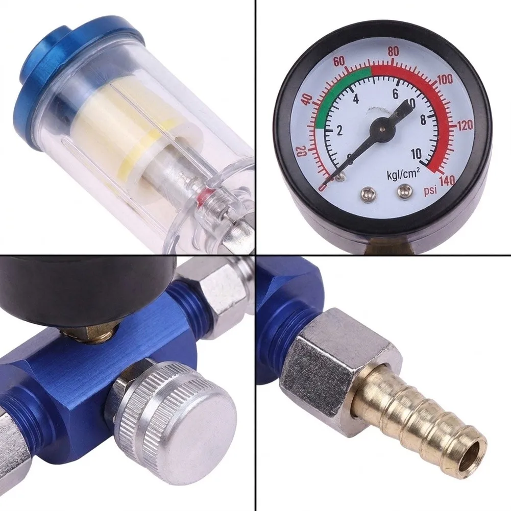 Blue G1/4 Oil Water Separator With Flow Gauge And Adapter For Pneumatic For Sandblaster Air Tool Workshop Equipment