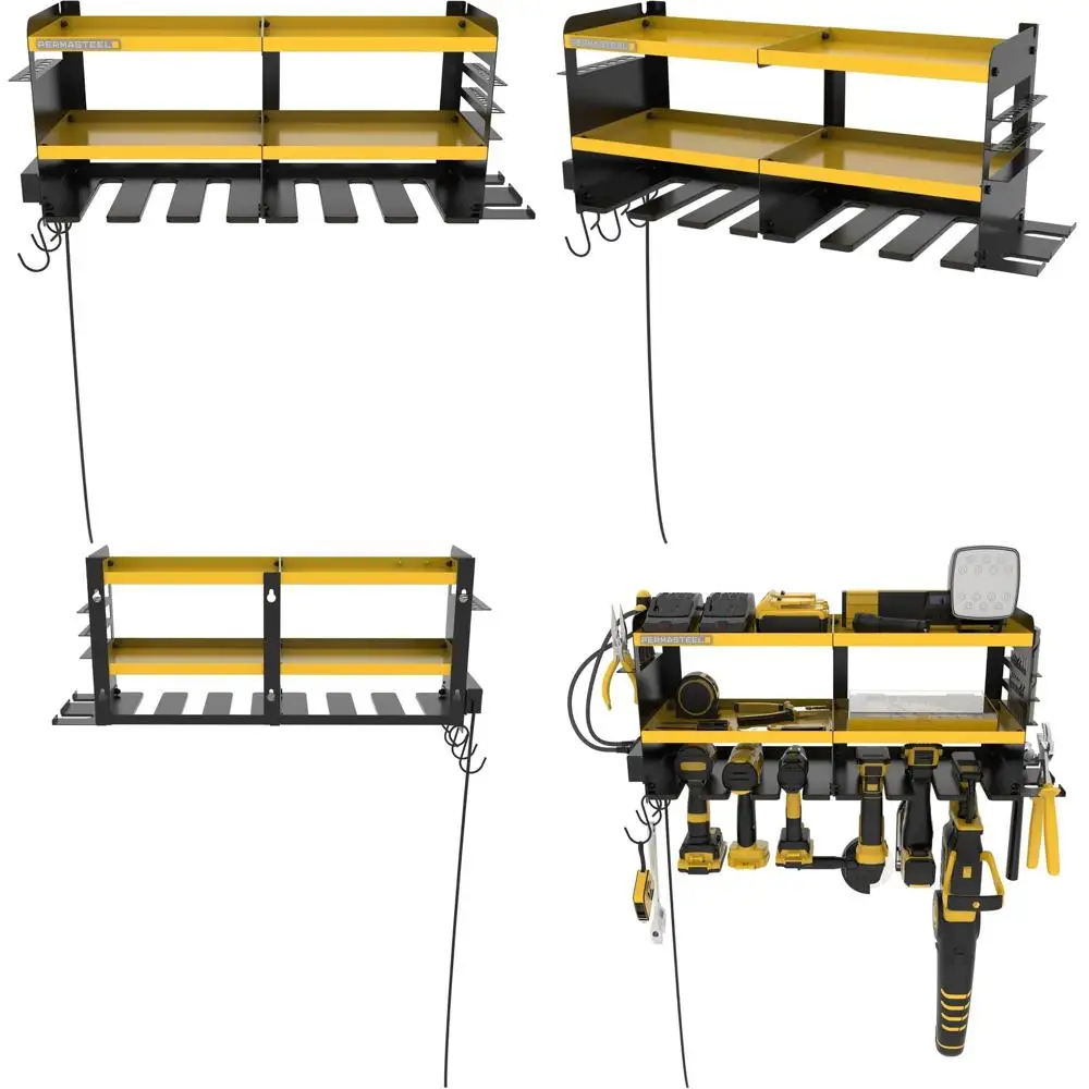 

Heavy-Duty 3-Tier Metal Tool Rack for Garage - Holds 6 Drills, 9 Tools, 16 Bits, 150 lbs Capacity, Yellow