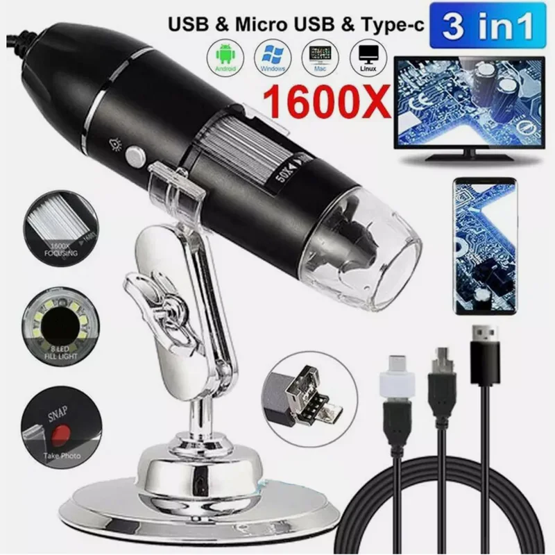 camera de microscopio digital 500x 1000x 1600x em tipo c usb eletronico portatil para solda lupa led reparo de celular 01