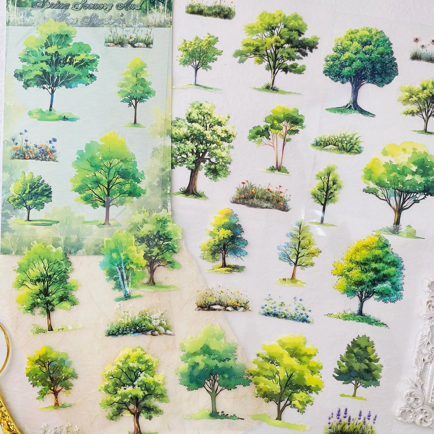 Journamm 6sheets Tree Series Scrapbook Stickers Junk Journal Supplies Pre-Cut Aesthetic PET Materials Scrapbooking Decor Diary