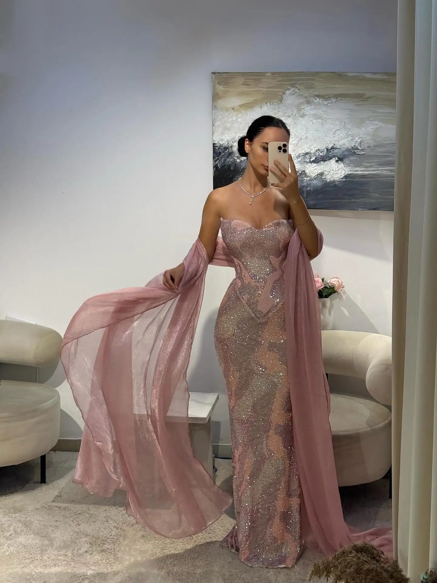 Vestido de noite sem alças com lantejoulas brilhantes, sexy, rosa, tubo, costas nuas, vestidos de sereia com xale transparente, luxo, arábia