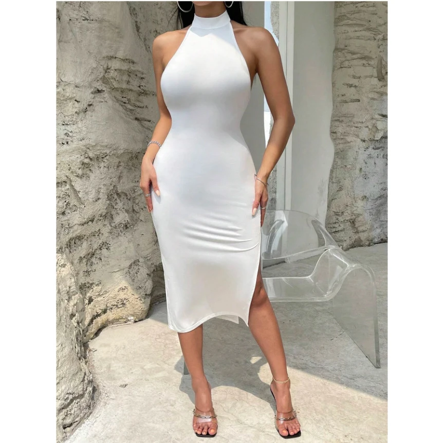 Women\'s Sexy Halter High Neck Elegant Sleeveless Bodycon Midi Club Dress
