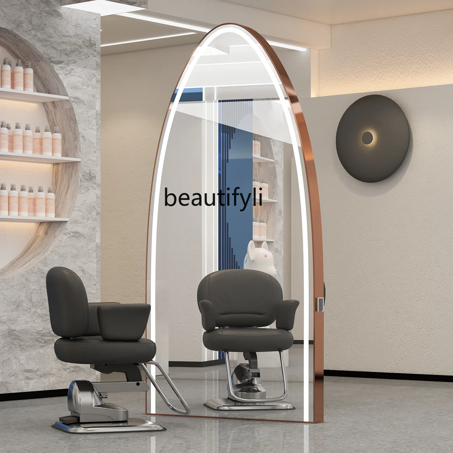 Barber Shop Single-Sided Mirror for Hair Salon Double-Sided Stainless Steel Floor Hair Cutting Mirror with Light