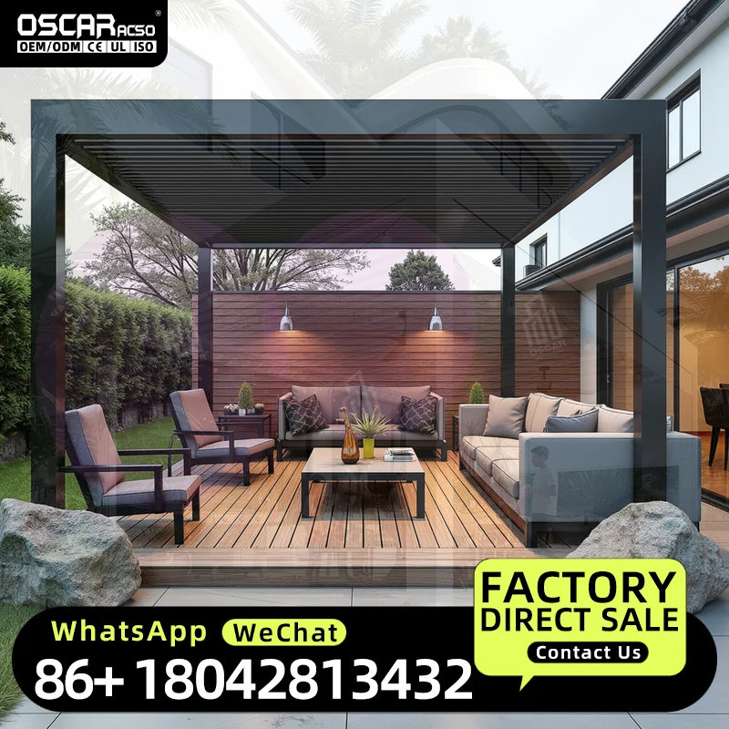 Outdoor  Roof Louver Adjustable Size Modern Design Remote Control System Pressure Treated Wood for Balcony Patio Garden Pergola