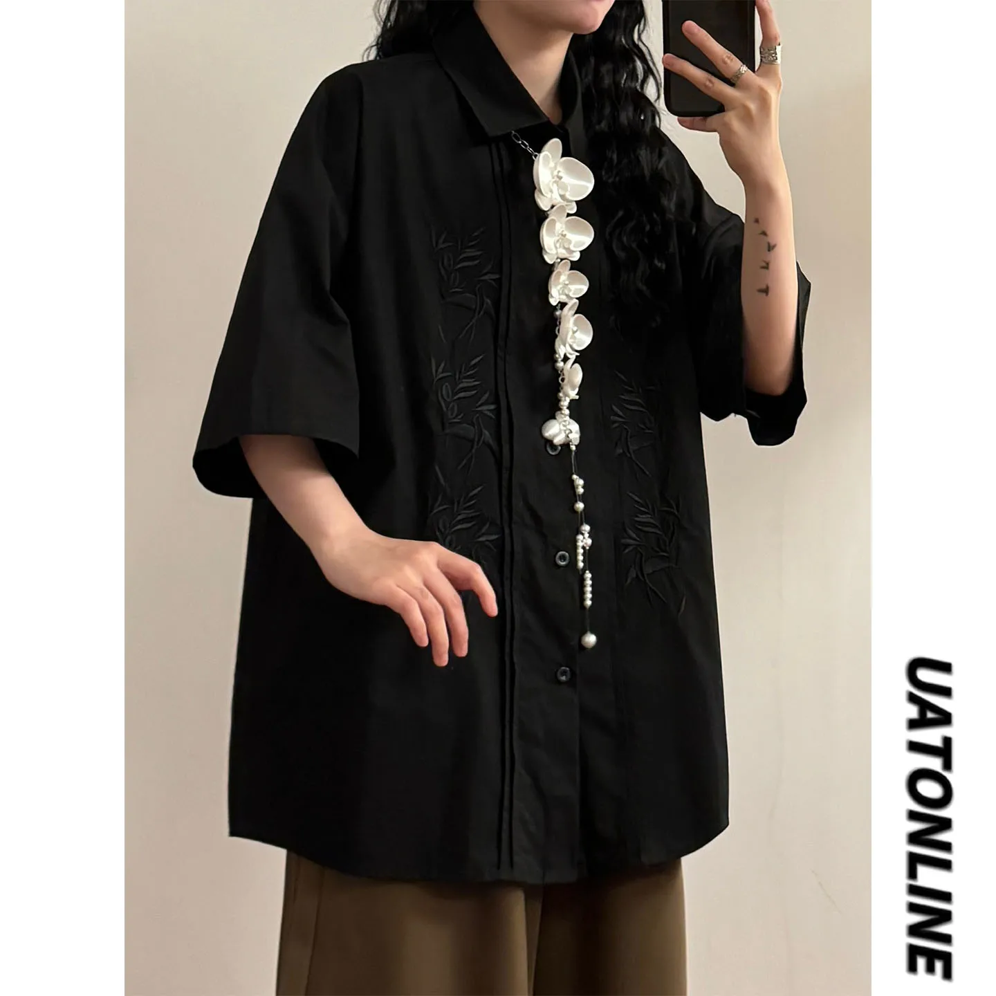 

Новая летняя рубашка в китайском стиле с коротким рукавом UATONLINE2026, простой вышитый узор, универсальный повседневный топ из смесового хлопка и полиэстера