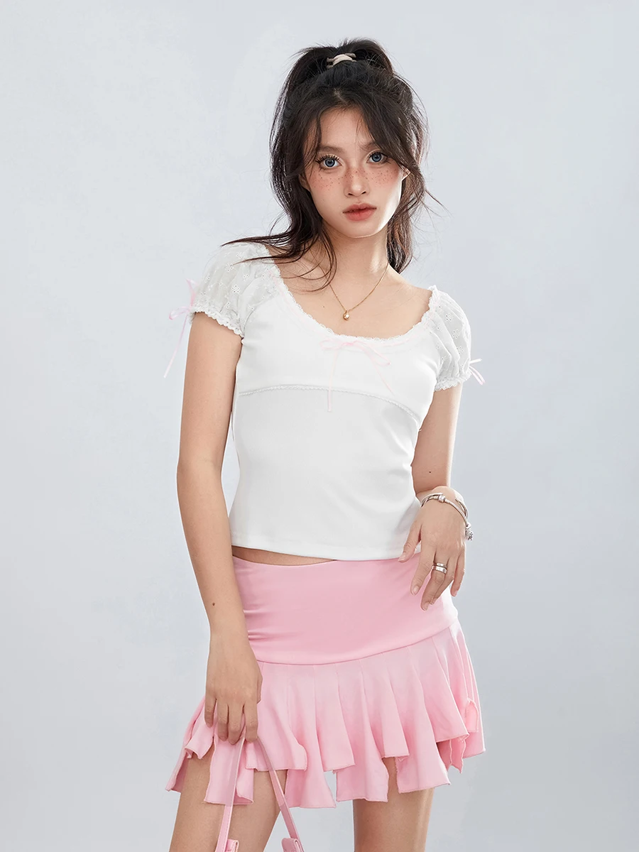 New Fashion Women Solid Color T-Shirts Cap Sleeve Scoop Neck Lace Trim Tops Bow Front T-Shirts Hot Sale S M L