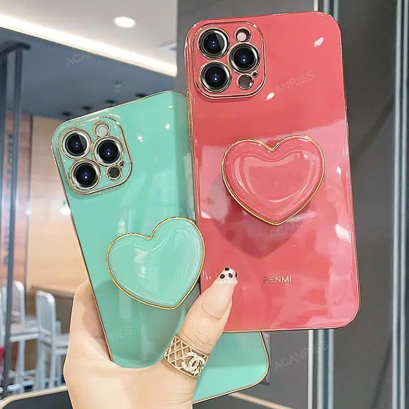 Luxury Plating Love Heart Holder Phone Case On For Iphone 13 12 11 Pro Max 6 S 7 8 Plus X R Xr Xs 10 13pro Stand Silicone Cover