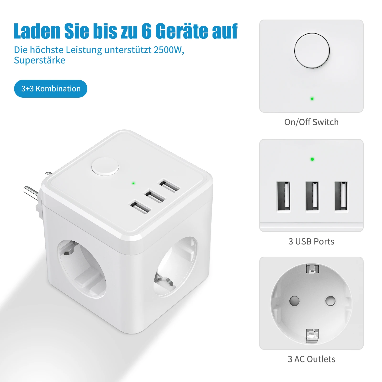 4000W Power Strip Cube EU Plug with USB Charger 3 AC Outlets 3 USB 5V 2.4A Multicontact Socket Adapter with Switch for Home Wall