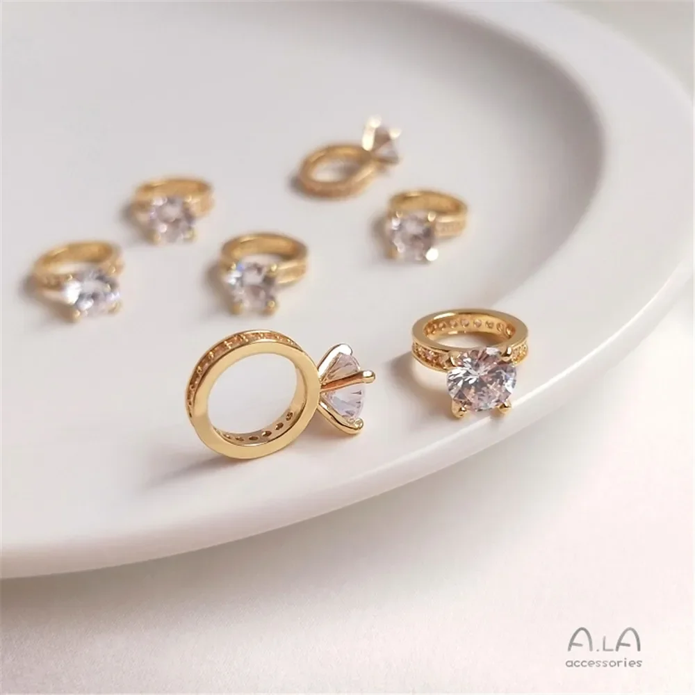 14K Gold Plated Micro Pave Zircon Ring Pendant, Simulated Diamond Charm for DIY Clavicle Chain Necklace Jewelry Making