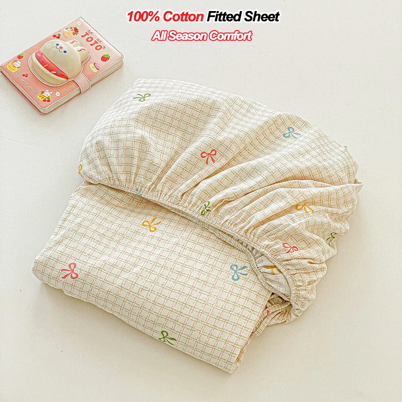 100% Cotton Fitted Sheet Pillowcase 25cm Deep Pocket Wrinkle Fade Resistant Easy Care Bed Cover Breathable Mattress Cover